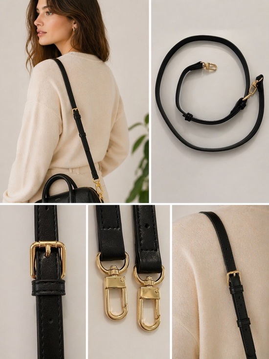 None Handbags - Black Faux Leather Strap with Gold Hardware Replacement Shoulder Strap